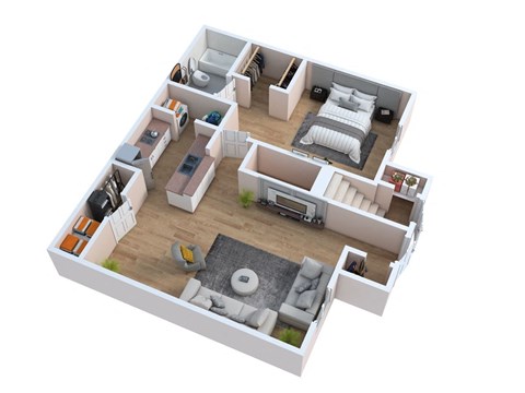 a 3d floor plan of a home with a bedroom and a living room